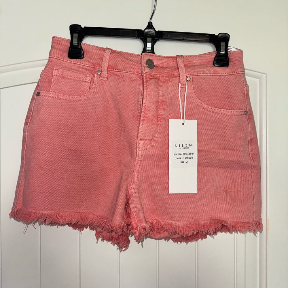 RISEN Flamingo Tummy Control High Rise Fray Hem Shorts NWT